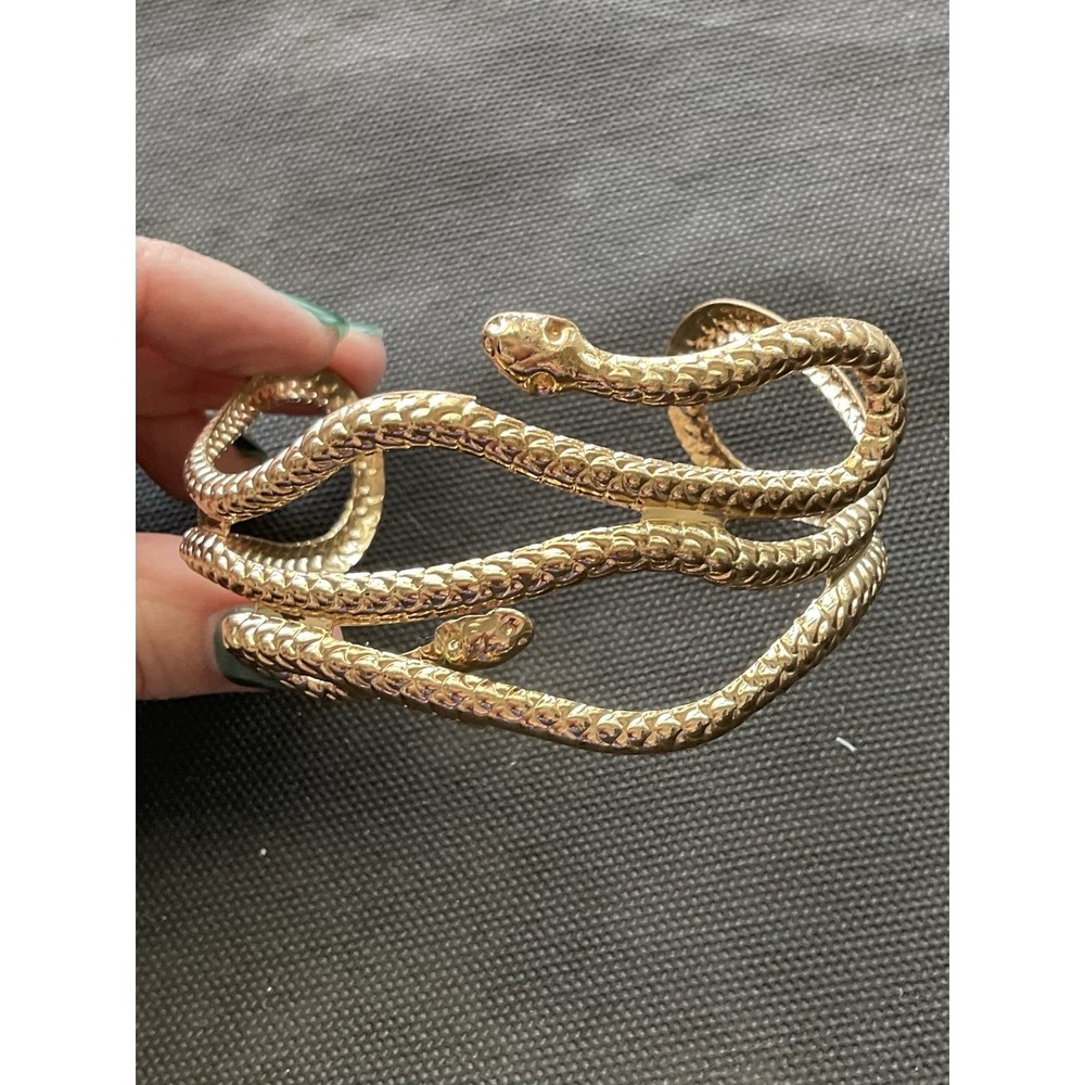 gold tone snake cuff arm Bracelet textured serpent details Estate Jewelry